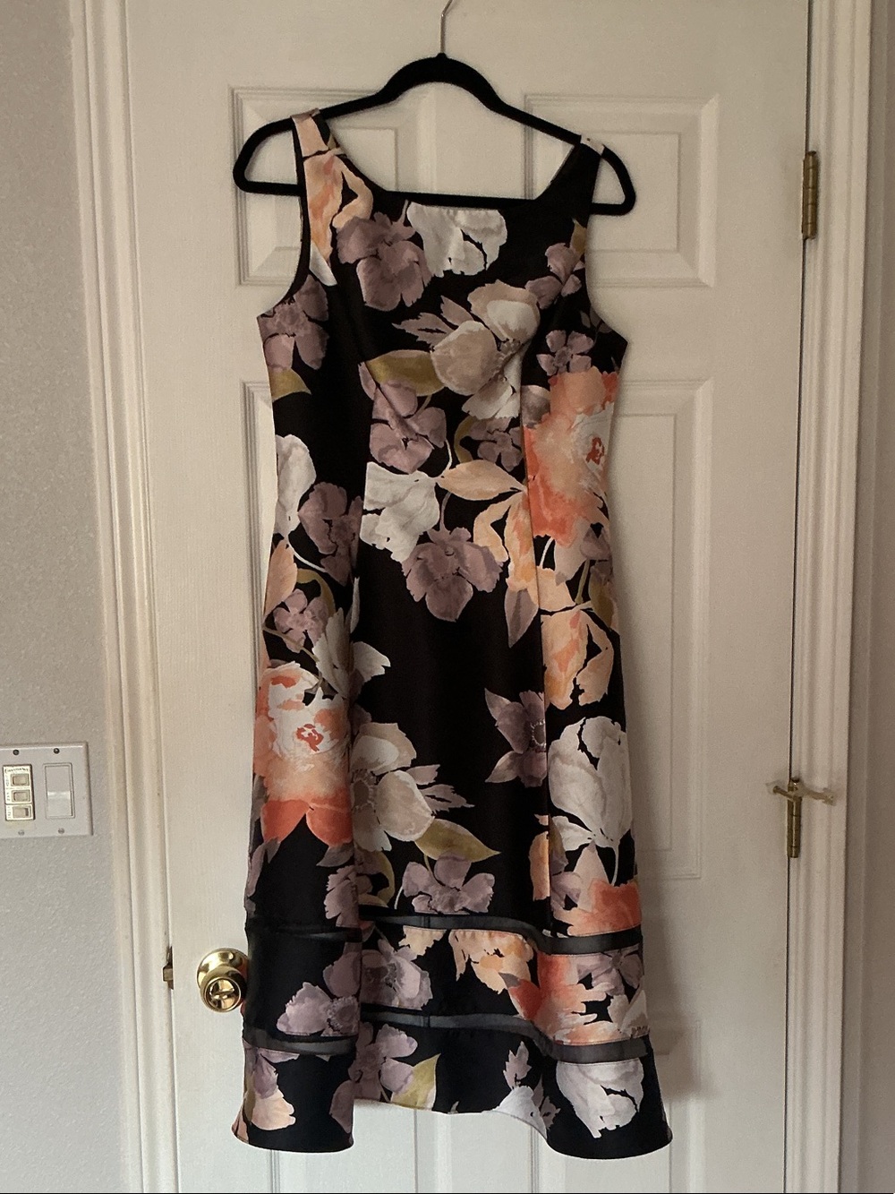 Adrianna Papell Black Floral High-Low Dress with Peach and Cream Blooms